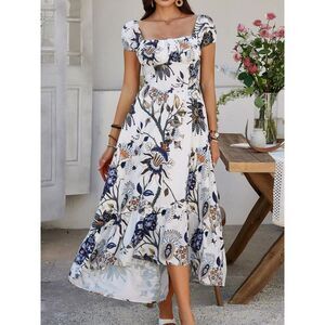 Everyday the Label Devine Smocked Printed Short Sleeve Maxi Dress Women White